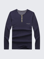 Mens Plus Size Long-sleeved T-shirt Solid Color V-neck Front Buttons Cotton Casual Tops Tee