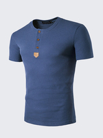 Mens Round Neck Buttons Cotton Blend T-shirt Short Sleeve Spring Summer Casual Tops