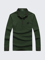 Mens Solid Color Floral Cuff Turndown Collar Buttons Cotton Casual Long Sleeve T-shirts