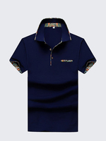 Mens Solid Color Floral Lined Decoration Turndown Collar Short Sleeved Cotton Polo Shirts