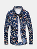Mens Spring Fall Blue Floral Printing Turndown Collar Long Sleeve Slim Fit Casual Shirts