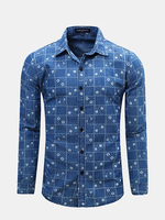 Mens Spring Fall Blue Grids Printing Turndown Collar Long Sleeve Slim Fit Casual Shirts