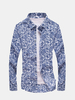 Mens Spring Fall Blue White Floral Printing Turndown Collar Long Sleeve Slim Fit Casual Shirts
