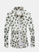 Mens Spring Fall Green Leaf Printing Turndown Collar Long Sleeve Slim Fit Casual Shirts