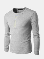 Mens Spring Fall Long Sleeve T-shirt Round Neck Buttons Solid Color Top Tee