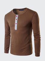 Mens Spring Fall Solid Color Long Sleeve T-shirt Round Neck Buttons Top Tee