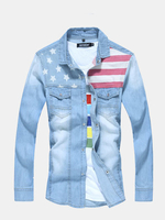Mens Spring Fall Washed Denim Patchwork Long Sleeve Slim Fit Casual Cotton Shirts