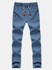 Mens Spring Linen Solid Color Casual Drawstring Long Trousers Flax Leisure Pants