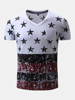 Mens Spring Summer Cotton Stars Printed Short Sleeve V-neck T-shirts