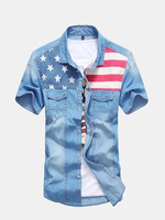 Mens Spring Summer Patchwork Denim Shirts Front Pockets Casual Cotton Shirts