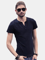 Mens Summer Basic Tops Tees All-match Cotton Solid Color V Neck Buttons Short Sleeved Tshirts