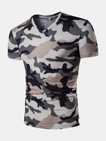 Mens Summer Camo Printed V-neck Short Sleeve Casual T-shirts