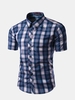 Mens Summer Classic Plaid Turn down Collar Short Sleeved Casual Shirts