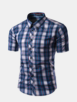 Mens Summer Classic Plaid Turn down Collar Short Sleeved Casual Shirts