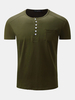 Mens Summer Cotton Buttons Solid Color Short Sleeve O-neck Casual T-shirt