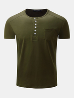 Mens Summer Cotton Buttons Solid Color Short Sleeve O-neck Casual T-shirt