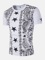 Mens Summer Cotton Printed National style O-neck Short Sleeve Slim Fit Casual T-shirt