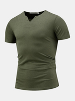 Mens Summer Cotton Solid Color Short Sleeve V-neck Casual T-shirt