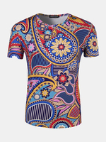 Mens Summer National Style Flower Printing Short Sleeve O-neck Casual T-shirt