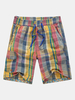 Mens Summer Quick Drying Multicolor Plaid Elastic Waist Drawstring Cotton Blend Casual Shorts