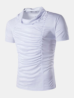 Mens Summer Solid Color Pile Heap Collar Short Sleeve Slim Fit Fold T-shirt