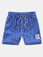 Mens Summer Stripes Printing Beach Shorts Elastic Waist Drawstring Casual Loose Shorts