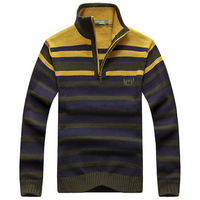 Mens Sweater Warm Thick Zipper Stand Collar Casual Stripes Pullover