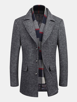 Mens Winter Gentlemanlike Woolen Long Coat Scarf Warm Turndown Collar Slim Fit Outwear