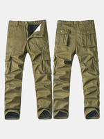 Mens Winter Warm Cargo Pants Polar Fleece Lined Soild Color Multi-pocket Casual Trouser