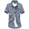 Mens Youthful Style Denim Front Pocket Letters Printed Slim Fit Short sleeved Cotton Shirts