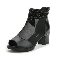 Mesh Beaded Peep Toe Chunky Heel Ankle Zipper Black Boots