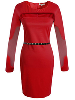 Mesh Patchwork Long Sleeve Bodycon Women Dress With Belt