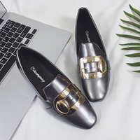 Metal Decoration Square Toe Pure Color Flat Casual Loafers