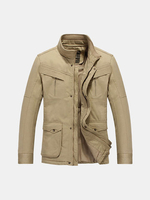 Military Style Outdoor Thick Warm Solid Color Multi Pockets Stand Collar Jacket for Men