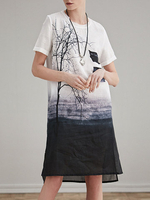 Miting Vintage Chinese Ink Printed O-Neck Short Sleeve Slit Dresses