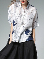 Miting Women Brief Printed Turn-Down Collar Short Sleeve Blouses