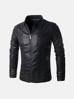 Motorcycle Stand Collar Zipper Pockets Thicken PU Leather Jacket for Men