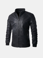 Motorcycle Style Fashion Business Black Stand Collar Washable PU Leather Jacket for Men