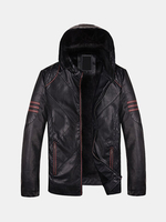 Motorcycle Style Thicken Inside Fleece Warm PU Leather Jacket Detachable Hood Coat For Men
