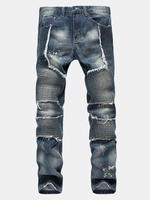 Motorcycle Style Vintage Fold Ripped Jeans Slim Straight Leg Jeans for Men