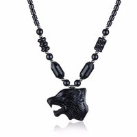 Natural Stone Necklace Wolf Head Punk Men Women Jewelry Unisex Necklace