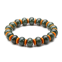 Nephrite Jade Bracelet Jasper Old Jade Flat Ellipse with Orange Beads Men Bracelet