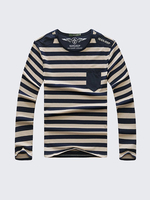 NIAN JEEP Fall Tops Tee Round Neck Striped Pattern Easy-care Long Sleeve T-shirt