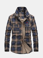 NIANJEEP Business Casual Cotton Double Plaids Printing Long Sleeve Dress Shirts for Men