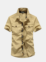 NIANJEEP Outdoor Casual Cotton Double Chest Pockets Loose Fit Short Sleeve Dress Shirts for Men