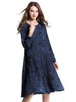 O-Neck Printed Long Sleeve Pleated Dress For Women