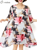 O-Newe Casual Flower Ink Printed Half Sleeve Chiffon Dress For Women