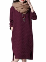 O-Newe Casual Pure Color Long Sleeve Side Split Cotton Dress For Women