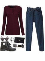 O-Newe Casual Pure Color O-Neck Button Long Sleeve Blouse For Women