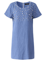 O-Newe Casual Women Short Sleeve Bead Denim Dress